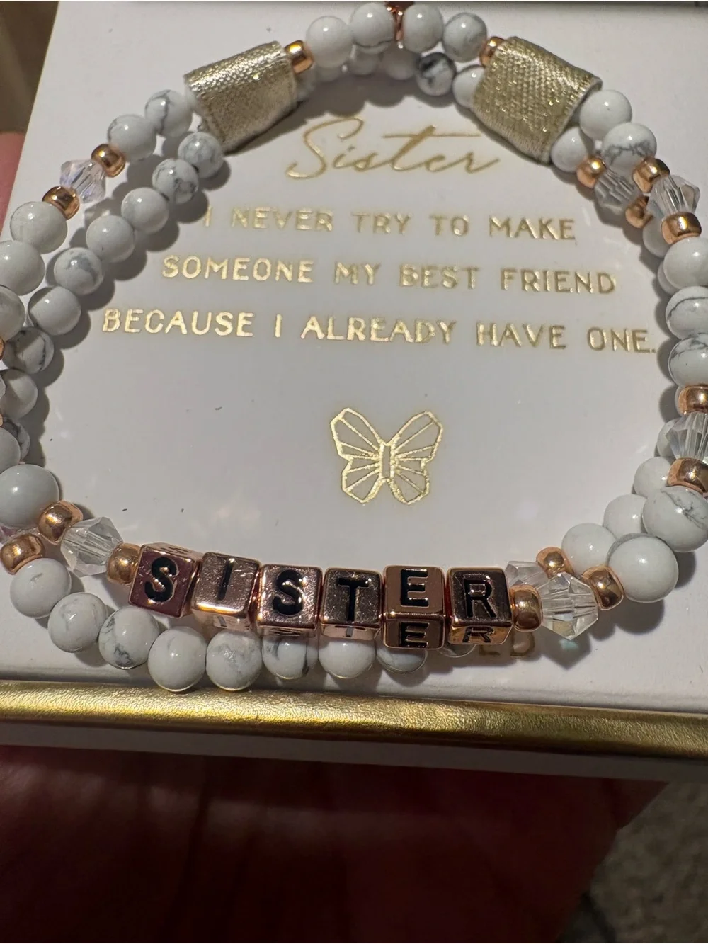 “Sister” White Beaded Bracelet with Rose Gold Accents
